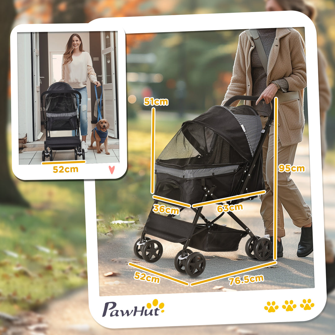 Pet Stroller Pushchair Foldable Travel Dog Cat Carriage w/ Reversible Handle Brake Basket