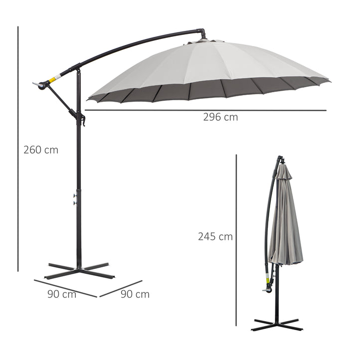 Outsunny 3(m) Cantilever Garden Hanging Banana Sun Umbrella with Crank Handle, 18 Sturdy Ribs and Cross Base, Grey