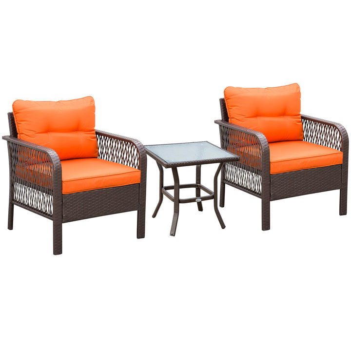 3 Pieces Patio PE Rattan Bistro Set, Outdoor Wicker Coffee Table Armrest Chairs Thick Padded Conversation Furniture for Garden Orange