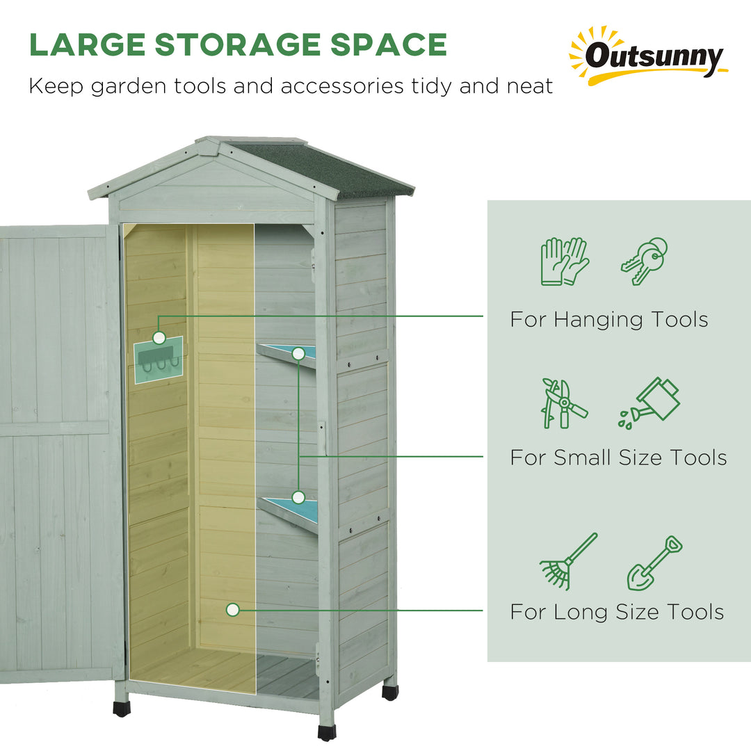 Wooden Garden Cabinet 3-Tier Storage Shed 2 Shelves Lockable Organizer with Hooks Foot Pad 74 x 55 x 155cm Green