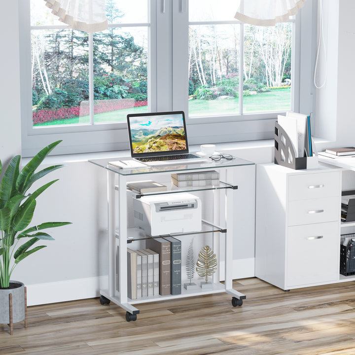 Computer Desk Glass Table Workstation Laptop pc desk mobile  with wheels White