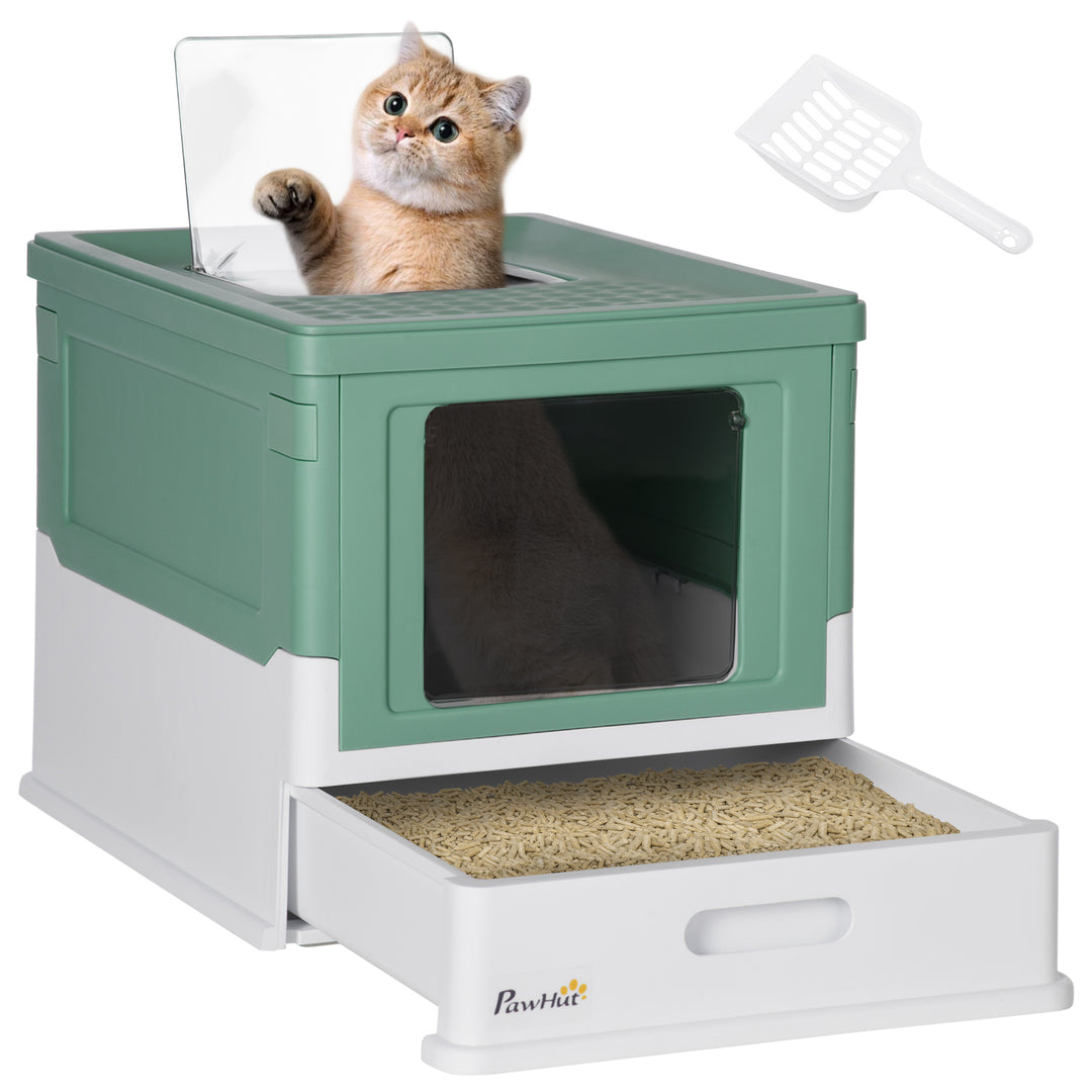 PawHut Hooded Cat Litter Box Scoop Included, Litter Tray with Front Entry Top Exit, Portable Pet Toilet with Large Space, 47.5 x 35.5 x 36.7 cm Green