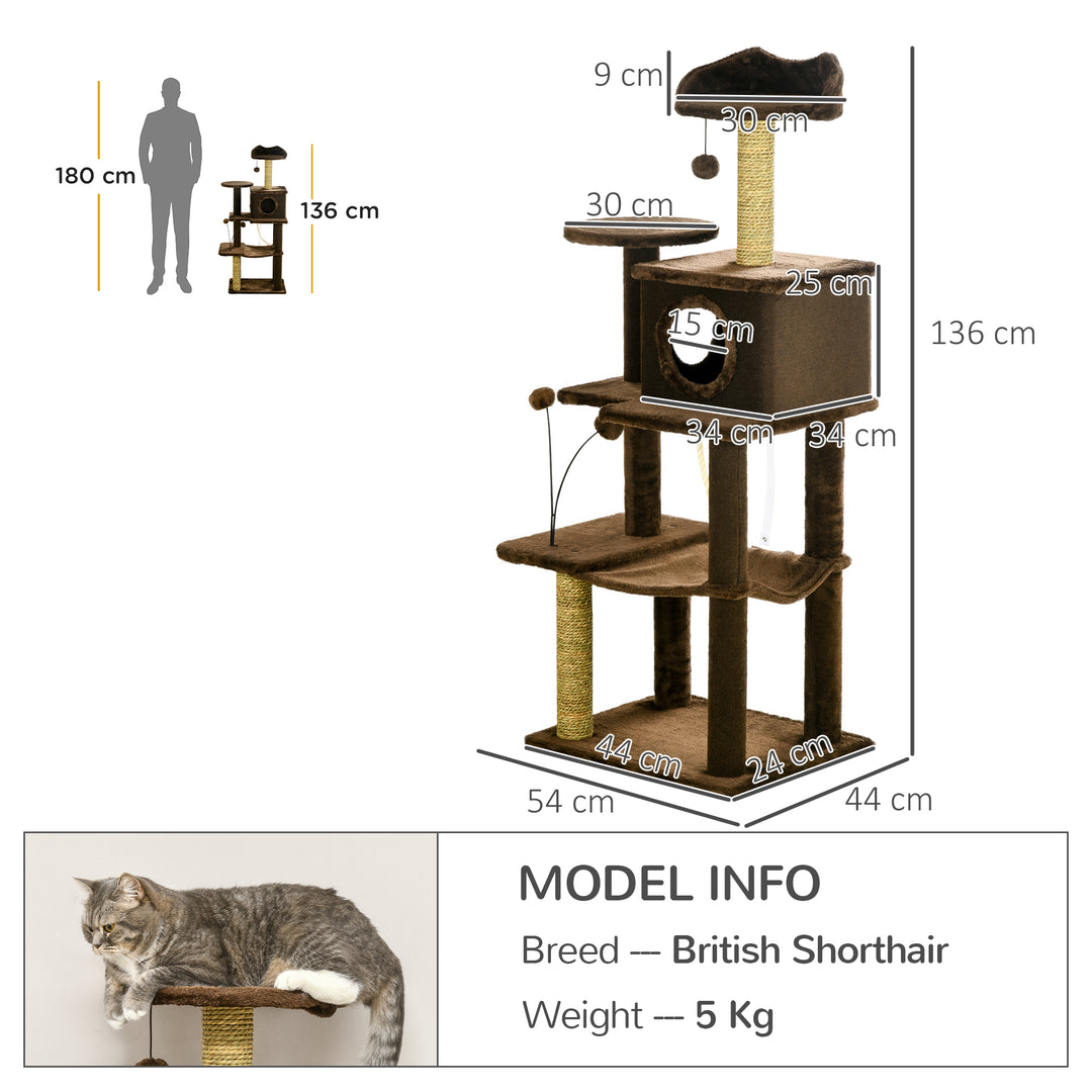 136cm Cat Tree for Indoor Cats, Modern Cat Tower with Scratching Posts, house, Platforms, Toy Ball - Brown