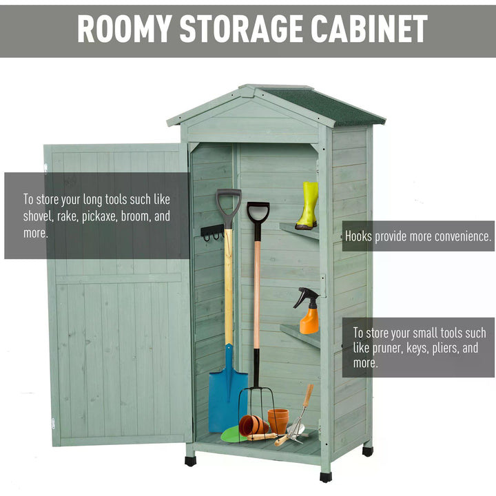 Wooden Garden Cabinet 3-Tier Storage Shed 2 Shelves Lockable Organizer with Hooks Foot Pad 74 x 55 x 155cm Green