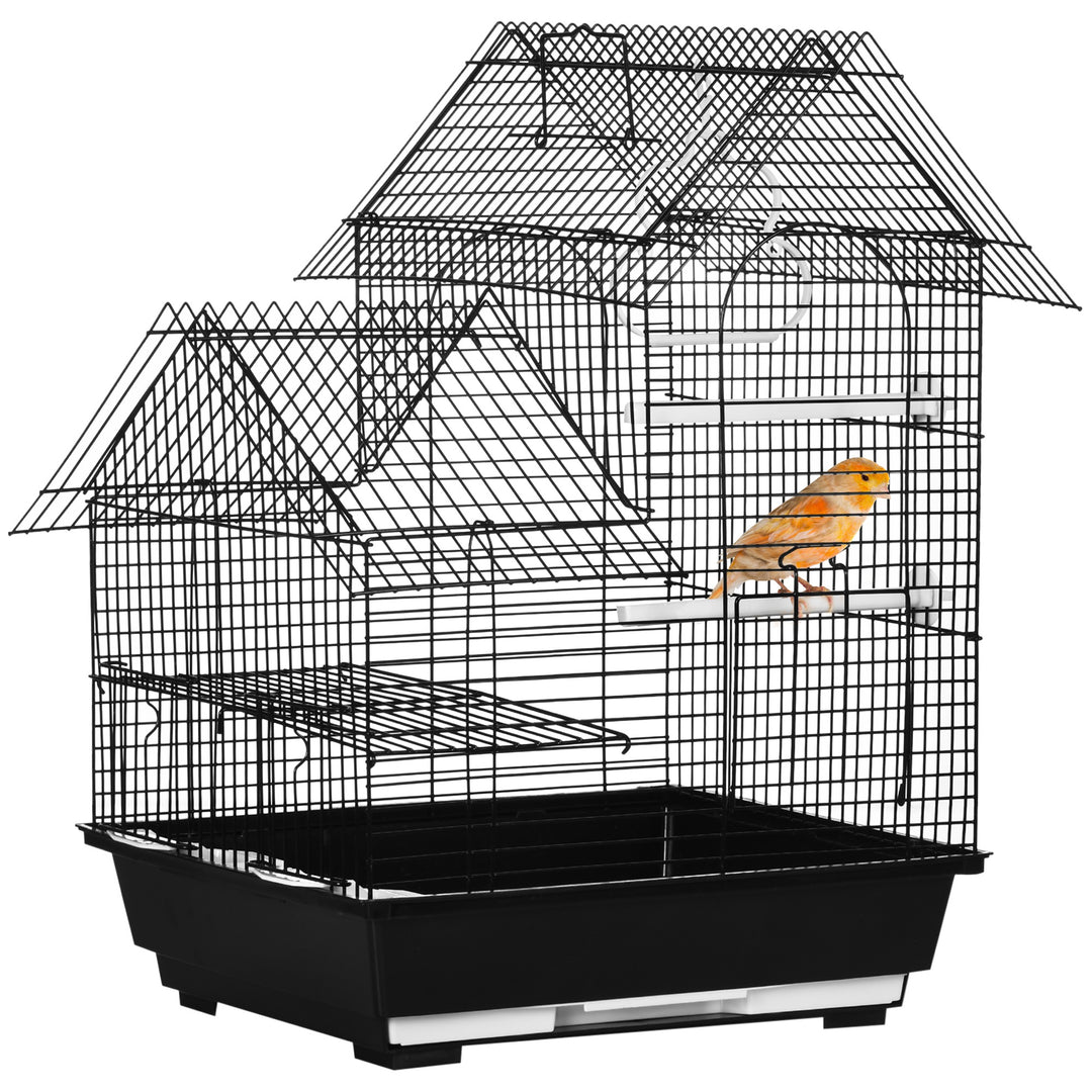 PawHut Metal Bird Cage with Stand for Parrot Cockatiel Budgie Finch Canary Food Containers Swing Ring Tray Handle Small Black 39 x 33 x 47 cm