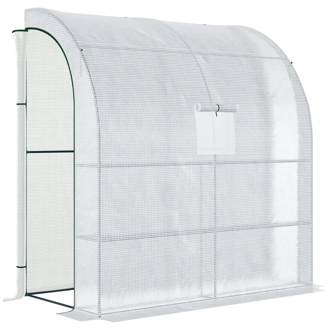 Outsunny Walk-In Lean to Polytunnel Greenhouse with Windows and Doors 2 Tiers 4 Wired Shelves 200L x 100W x 215Hcm White