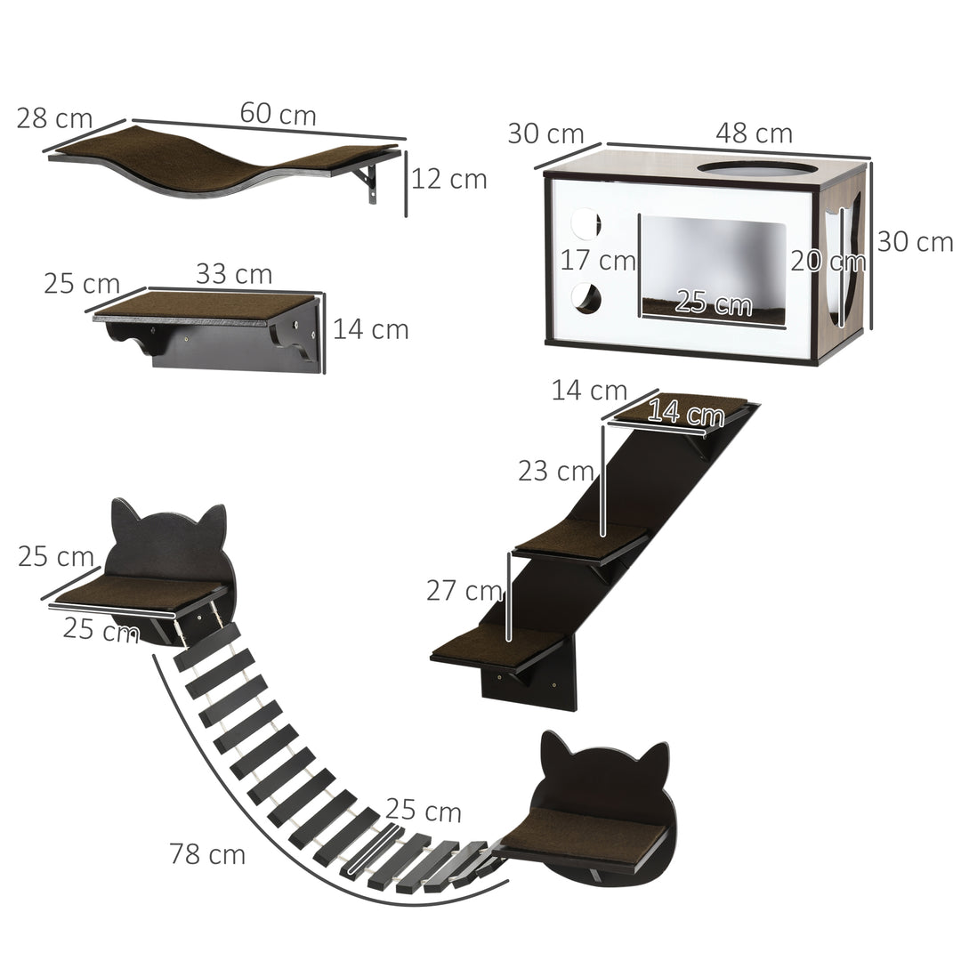 PawHut 5 Pieces Cat Wall Shelves with Curved Platform, Cat Condo, Bridge, Stairs, and Perch, Wall Mounted Cat Tree for Indoor Use, Brown