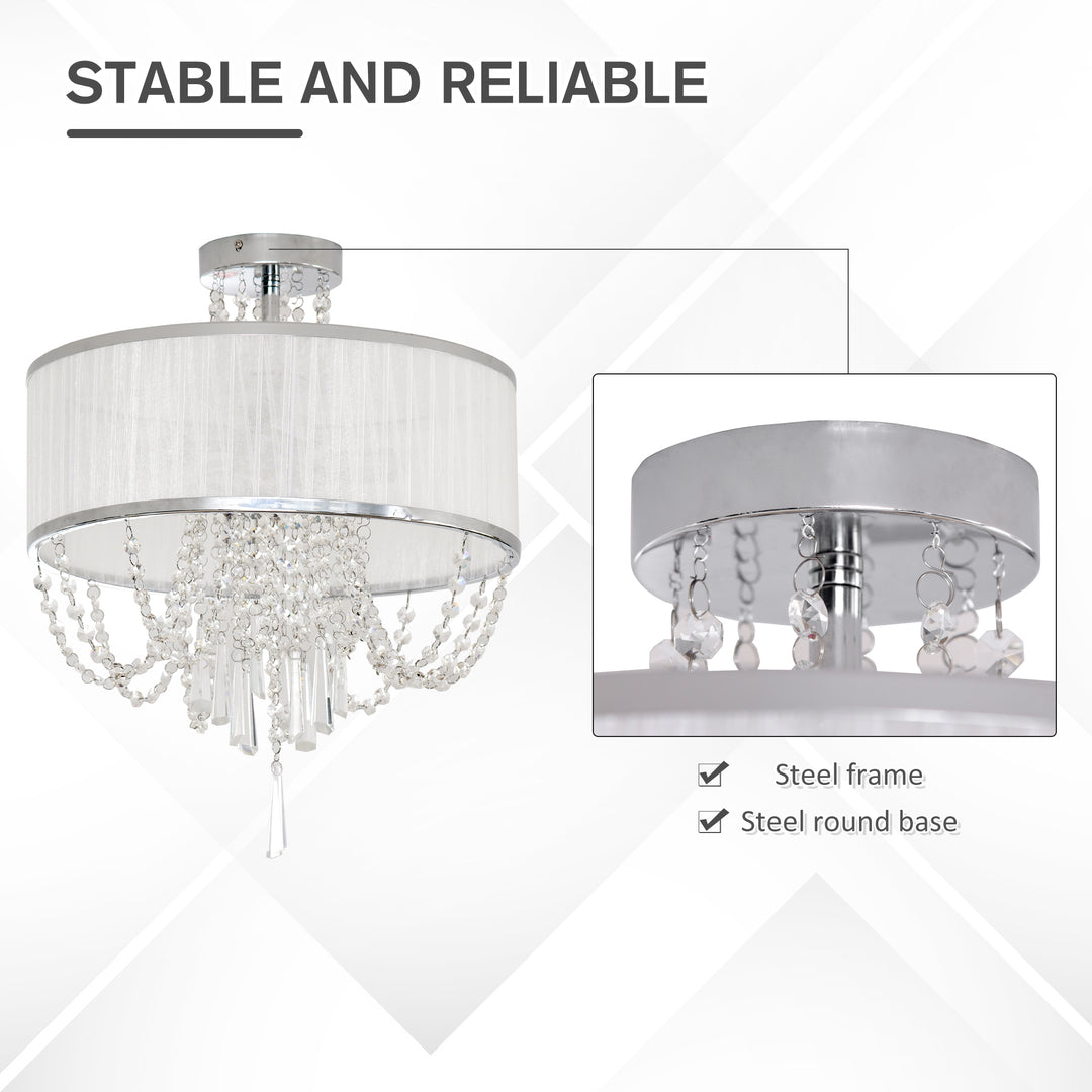Elegant Metal Ceiling Light Chandelier with Pleated Fabric Lampshade, Decorative Crystal Pendants, for Living Room, Dining Room, Bedroom, White