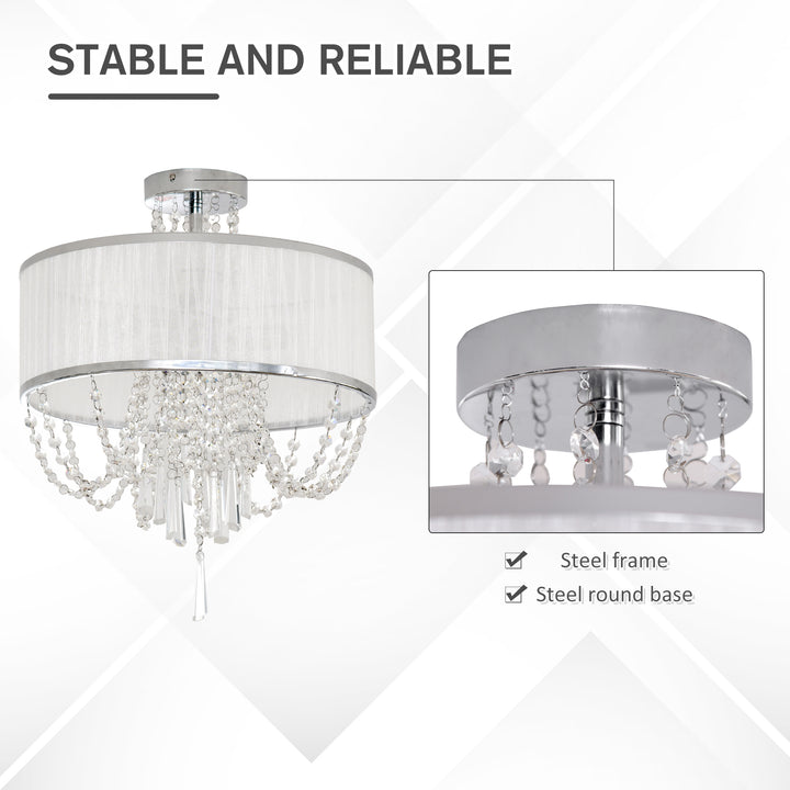Elegant Metal Ceiling Light Chandelier with Pleated Fabric Lampshade, Decorative Crystal Pendants, for Living Room, Dining Room, Bedroom, White