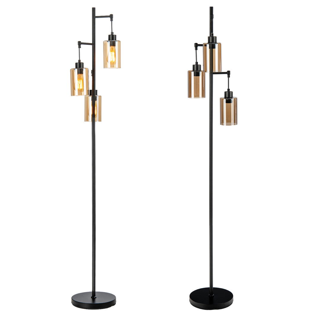 Freestanding Floor Lamp with 3-Head Hanging Amber Glass Shade