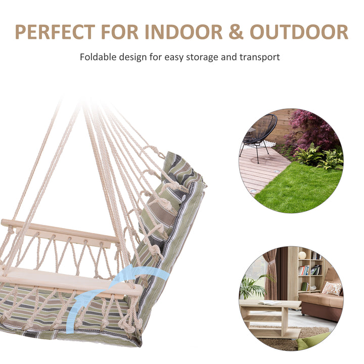 Garden Outdoor Hanging Hammock Chair Thick Rope Frame Wooden Arms Safe Wide Seat Garden Outdoor Spot Stylish Multicoloured stripes