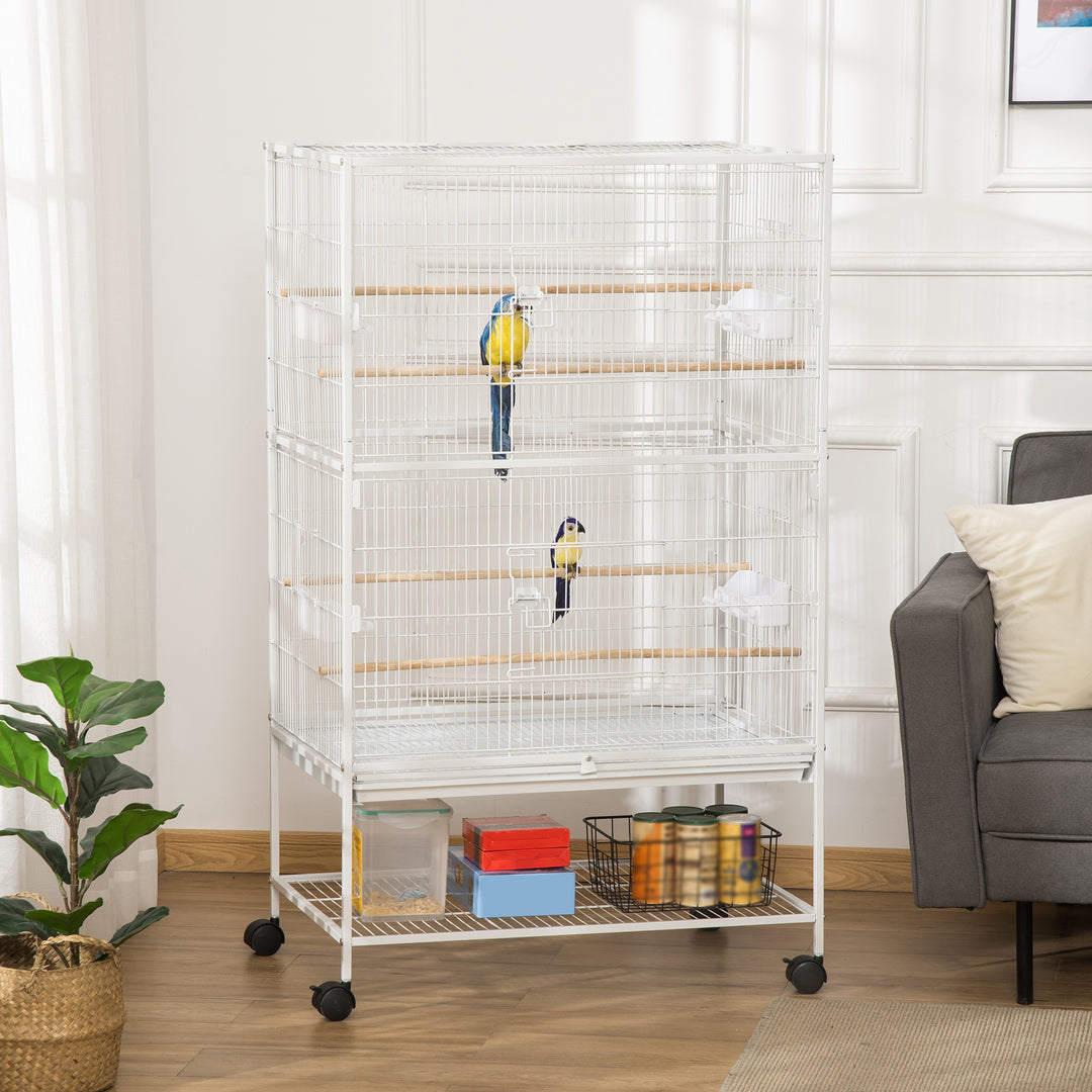 Large Bird Cage Aviary for Finch Canaries, Budgies with Rolling Stand, Slide-out Tray, Food Containers, White