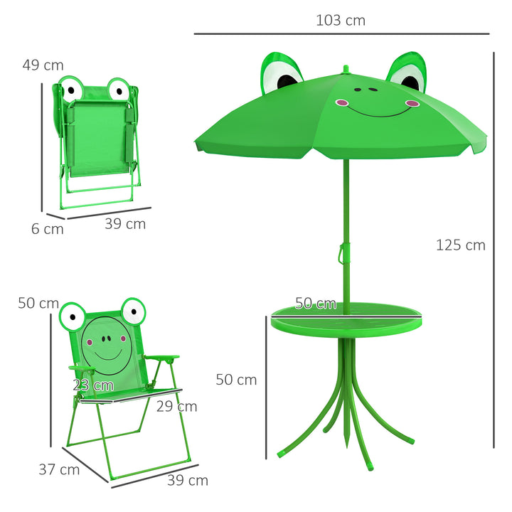 Kids Folding Picnic Table and Chair Set Frog Pattern with Removable & Height Adjustable Sun Umbrella, Green