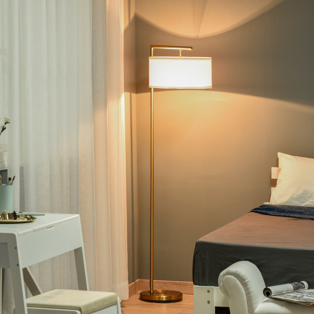 Floor Lamp, Modern Standing Light with Linen Lampshade, Round Base for Living Room, Bedroom, Dining Room, Gold and White