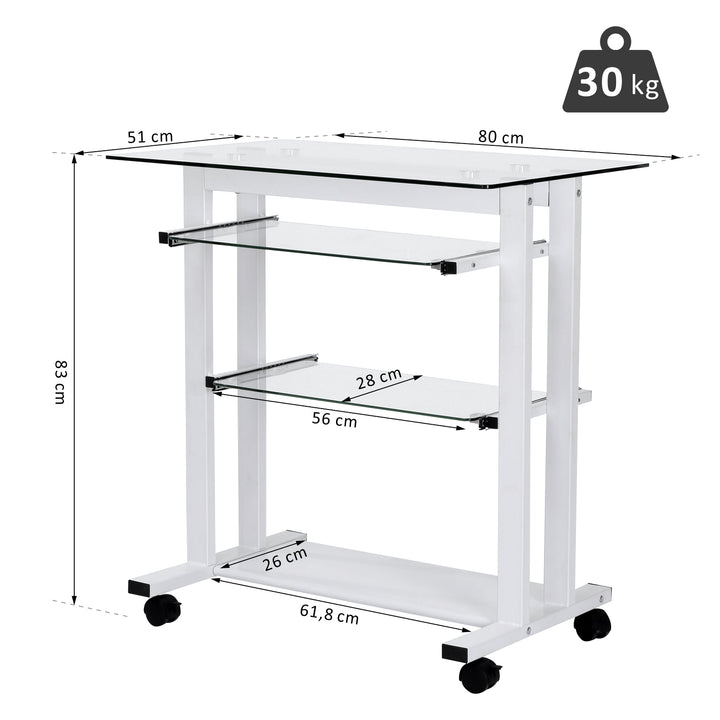 Computer Desk Glass Table Workstation Laptop pc desk mobile  with wheels White