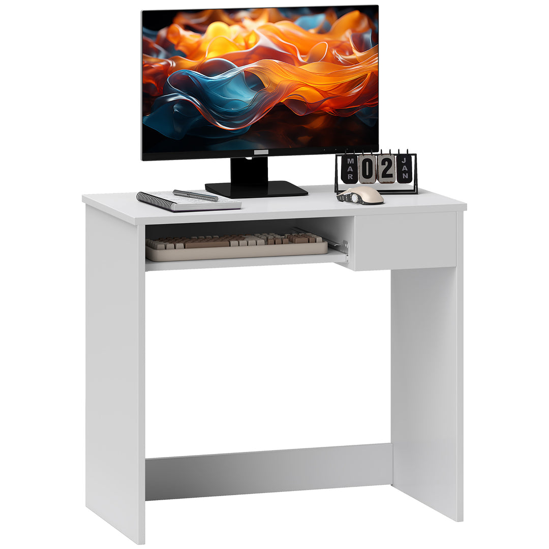 Compact Small Computer PC Table with Keyboard Tray Drawer Study Office Working Gaming  Writing Desk, White