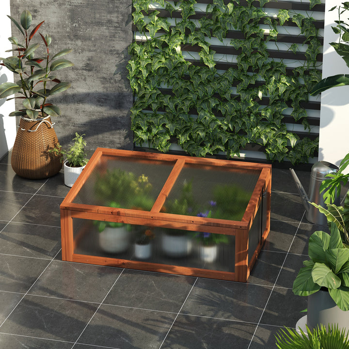 Outsunny Wooden Framed Polycarbonate Cold Frame Greenhouse for Plants Outdoor with Openable & Tilted Top Cover, PC Board, Brown, 100 x 65 x 40cm