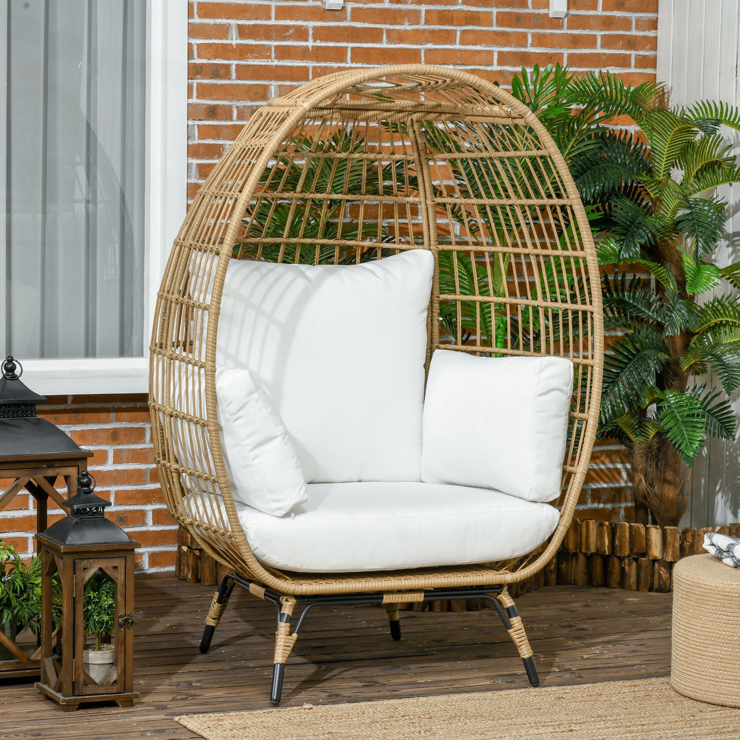 PE Rattan Outdoor Egg Chair, Round Wicker Weave Teardrop Chair with Thick Padded Cushions for Sunroom, Garden, Khaki