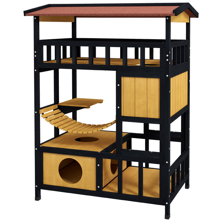 Outdoor Cat Shelter, Wooden Feral Cat House, with Suspension Bridge