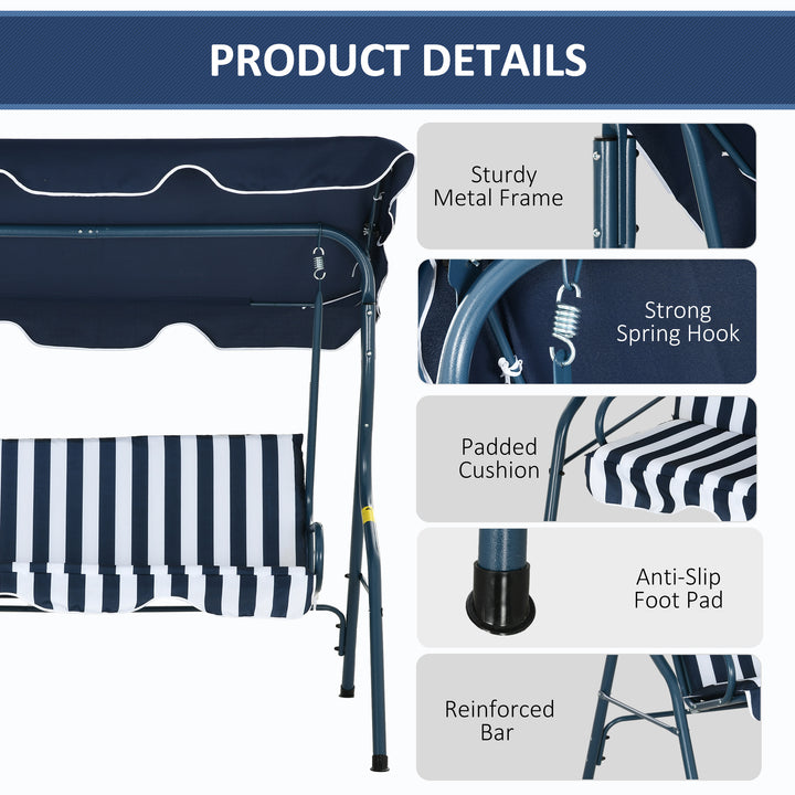 3 Seater Garden Swing Chair_ Outdoor Garden Bench with Adjustable Sun Cover and Metal Frame - Blue Stripes