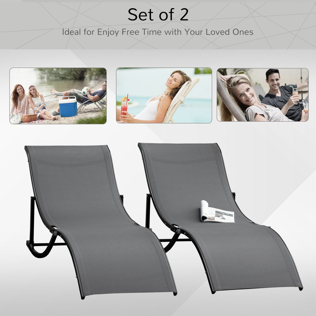 Outsunny Set of 2 S-shaped Foldable Lounge Chair Sun Lounger Reclining Outdoor Chair for Patio Beach Garden Grey