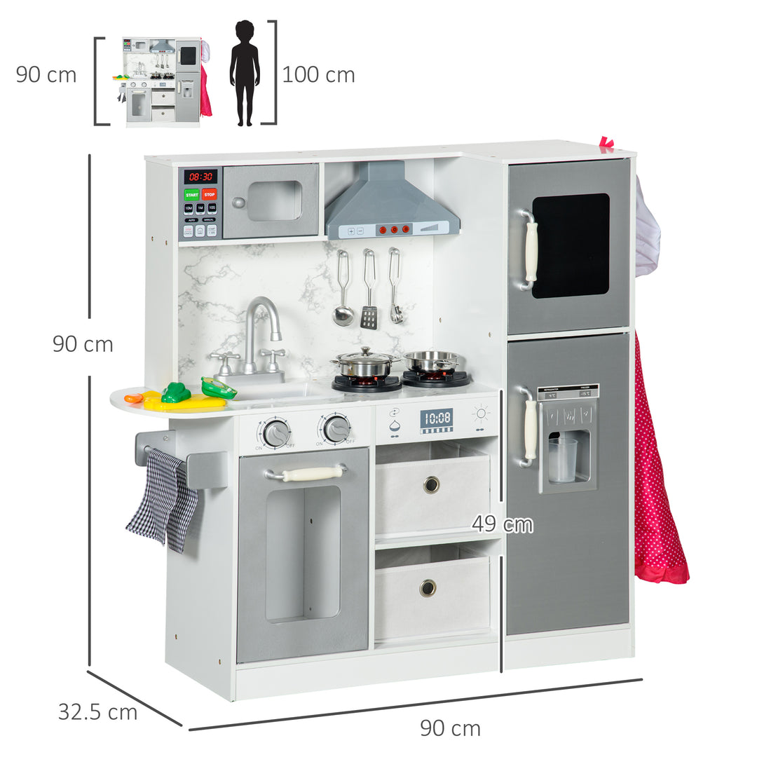 Toy Kitchen with Lights Sounds, Apron and Chef Hat, Ice Maker, Microwave, for 3-6 Years Old - White