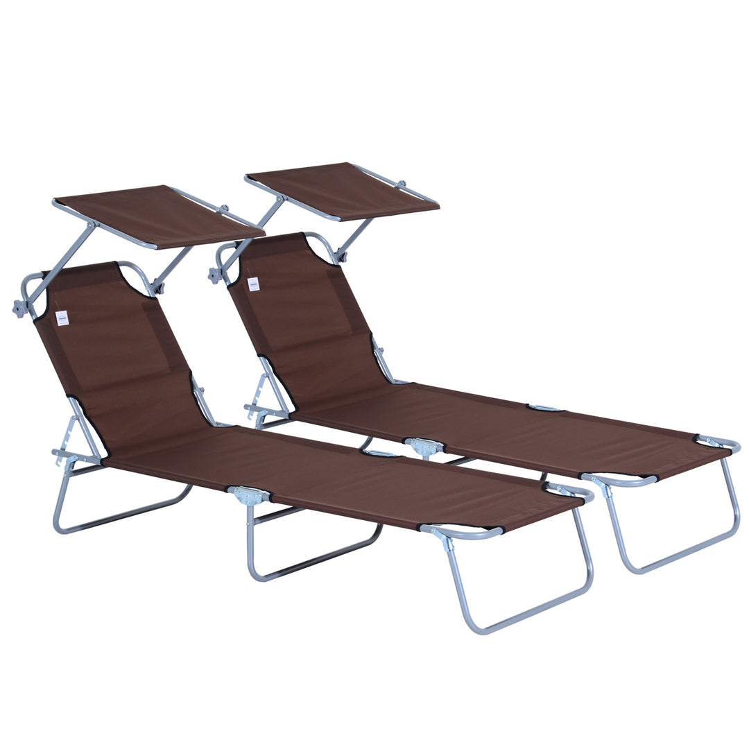 2 Pieces Outdoor Foldable Sun Lounger Set with Removeable Shade Canopy, Patio Recliner Sun Lounger with Adjustable Backrest with Mesh Fabric, Brown