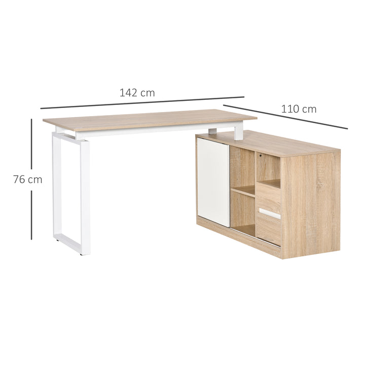 L-Shaped Home Office Writing Desk with Storage Shelf, Drawer, Corner PC Table Computer Workstation, Oak Beige White