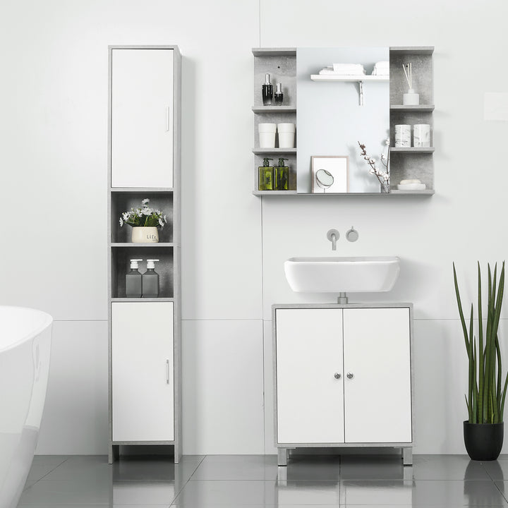 kleankin Free-standing Tall Bathroom Storage Cabinet w/ 2 Cupboards 2 Open Compartments, Slim Bathroom Organizer Adjustable Shelves Elevated Base-Grey