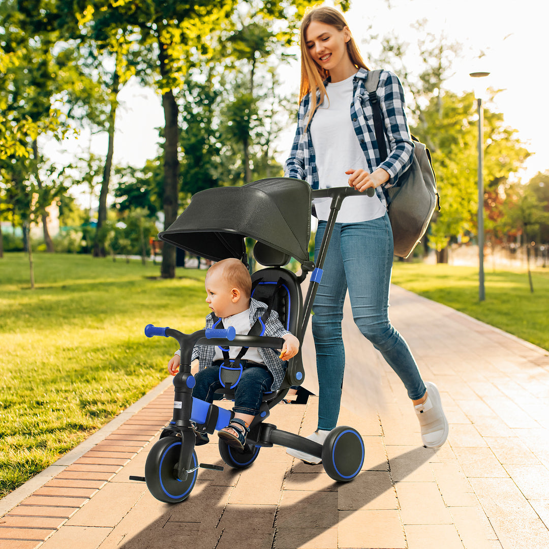 3-in-1 Tricycle for Kids with Aluminium Frame, Baby Trike with Adjustable Push Handle, Canopy and Seat Angle for 18-48 Months, Blue