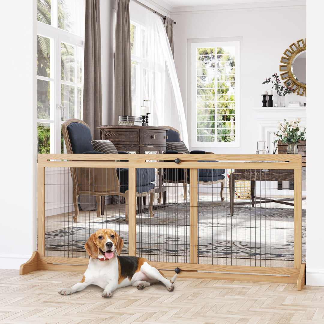 Adjustable Wooden Pet Gate, Freestanding Dog Barrier Fence with 2 Panels for Doorway, Hallway, 69H x 104-183 cm, Natural