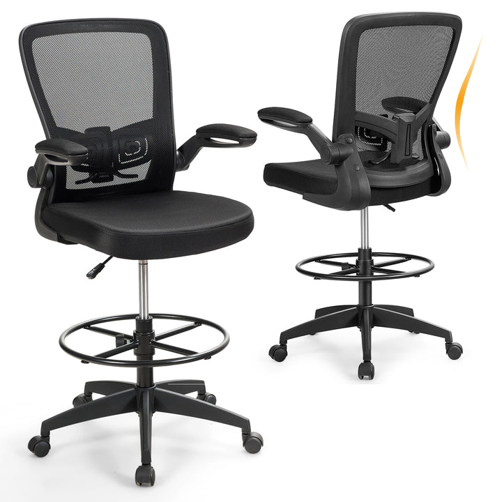 High Back Mesh Office Chair with Flip-up Armrests and Footrest Ring-Black