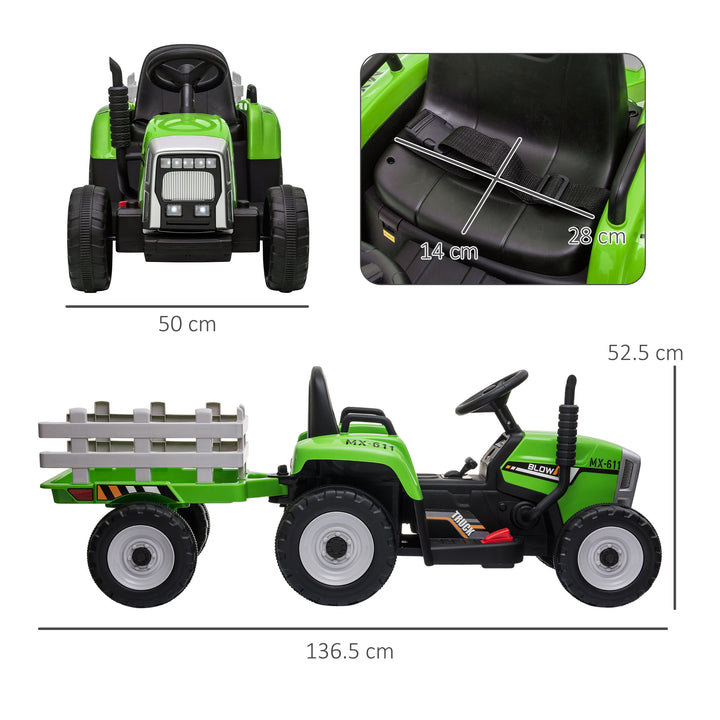 Electric Ride on Tractor with Detachable Trailer, 12V Kids Battery Powered Electric Car with Remote Control, Music Start up Sound and Horn, Lights, for Ages 3-6 Years - Green