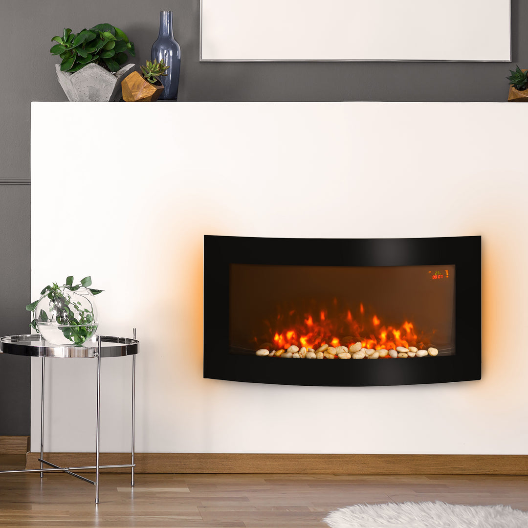 HOMCOM Led Wall Mounted Fireplace Curved Glass Electric Fire Place Fire Place 7 Colour Side Lights Slimline, 1000/2000W, 89.2cm x 48cm