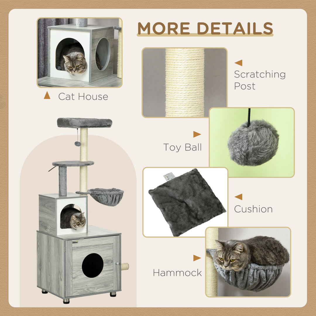 Enclosed Cat Litter Box with Cat House, Cat Bed, Scratching Posts, Platforms for Indoor Cats Use, Grey