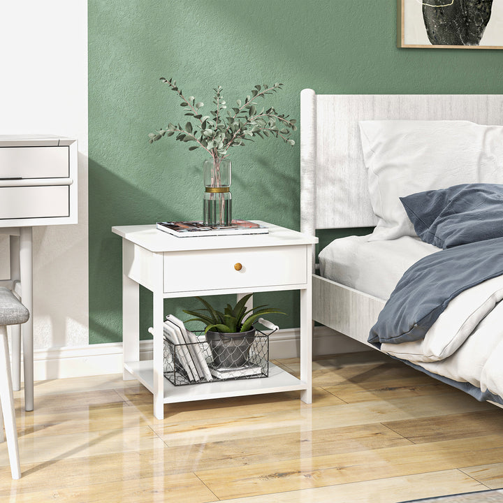 Bedside Table with Drawer and Bottom Shelf, Square Side End Table for Bedroom, Living Room, White, Set of 2