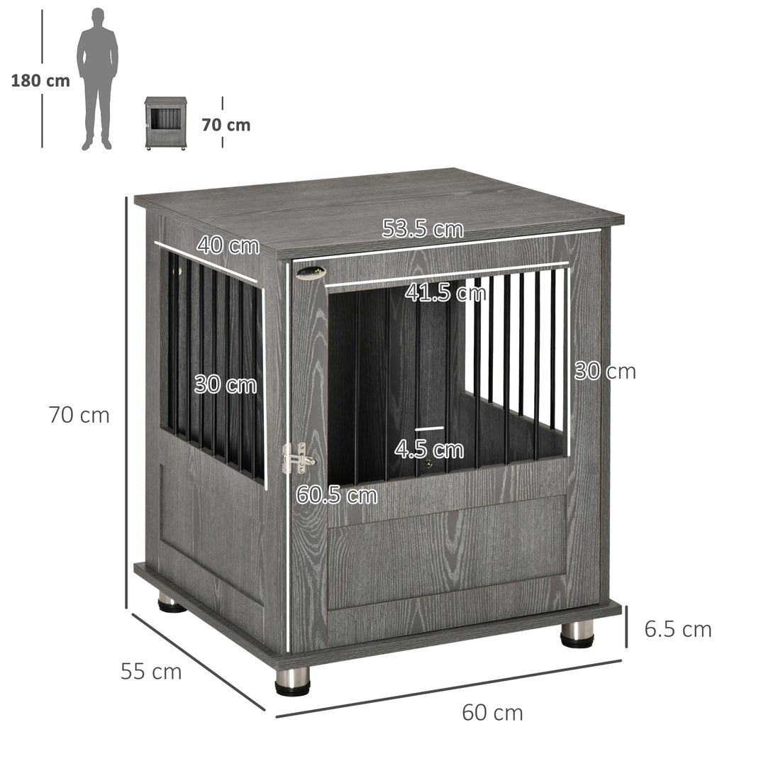 PawHut Dog Crate Furniture, Wooden End Table, Small Pet Kennel with Magnetic Door Indoor Crate Animal Cage, Grey