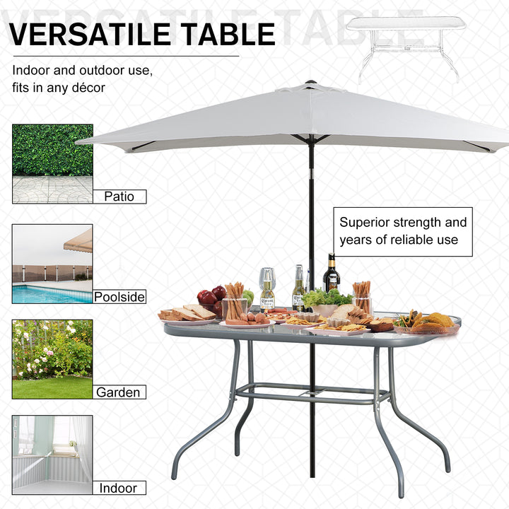 Glass Top Garden Table Curved Metal Frame w/ Parasol Hole 4 Legs Outdoor  Balcony Sturdy Friends Family Dining Table  -Grey