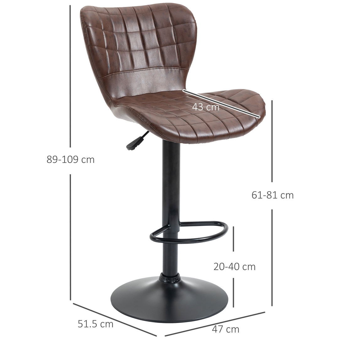 Bar Stools Set of 2 Adjustable Height Swivel Bar Chairs in PU Leather with Backrest & Footrest, Brown