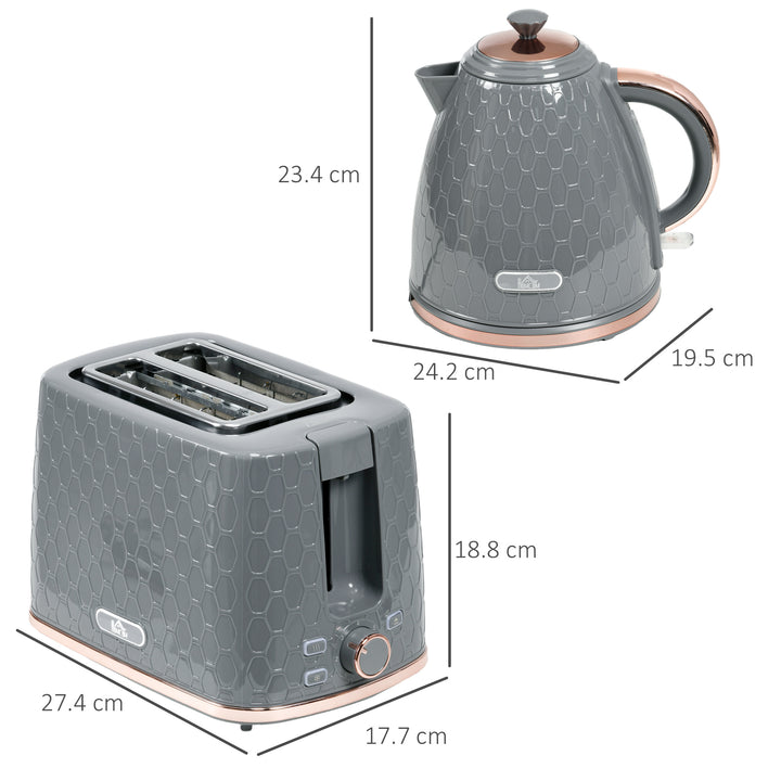 Fast Boil Kettle & 2 Slice Toaster Set, Kettle and Toaster with Auto Shut Off, Browning Controls, 1.7L 3000W Grey