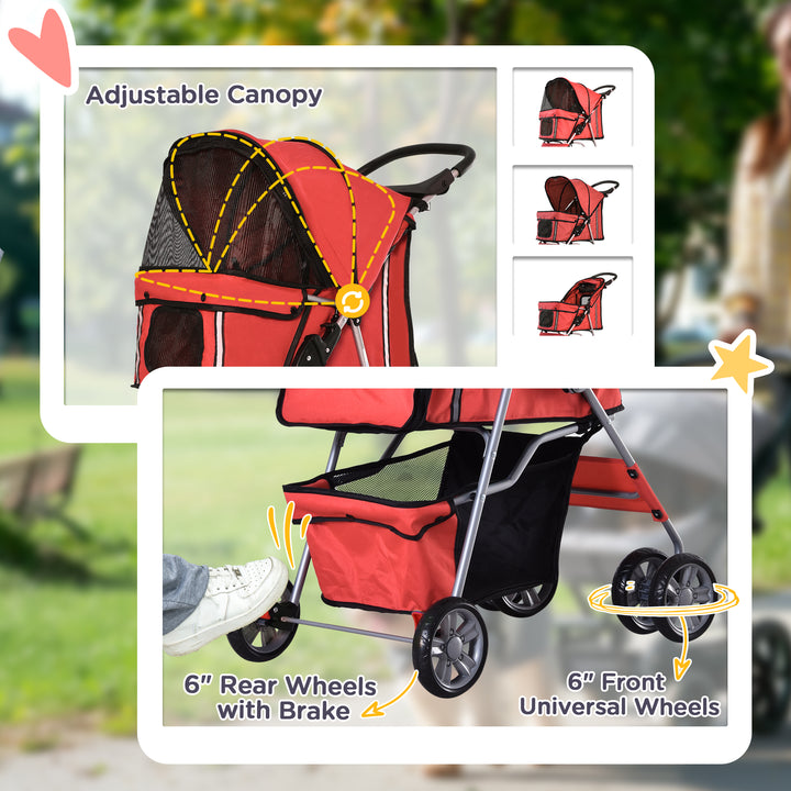 PawHut Pet Stroller Dog Pram Foldable Dog Pushchair Cat Travel Carriage w/ Wheels, Zipper Entry, for Small Pets, Red