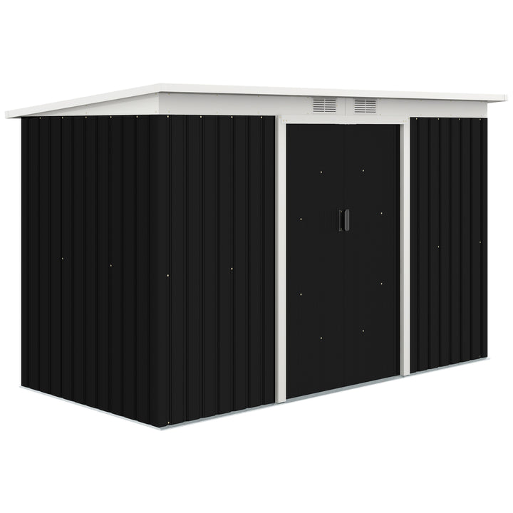 Outsunny 9 x 4 ft Metal Garden Storage Shed Patio Corrugated Steel Roofed Tool Box with Base, Kit Ventilation and Doors, Dark Grey
