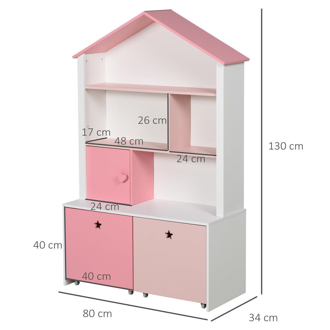 Kids Bookshelf Chest w/ Drawer with Wheels Baby Toy Wood Organizer Display Stand Storage Cabinet 80x34x130cm Pink