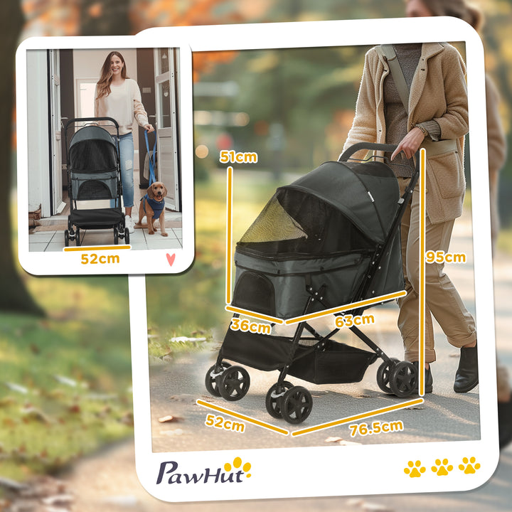 PawHut Pet Stroller Dog Pushchair Foldable Jogger with Reversible Handle EVA Wheel Brake Basket Adjustable Canopy Safety Leash Grey