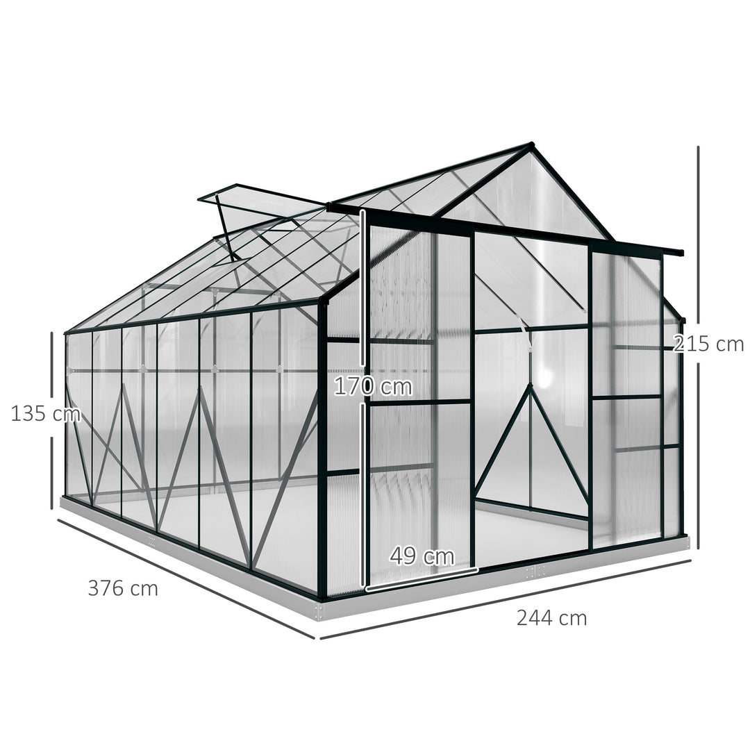 Aluminium Greenhouse Polycarbonate Walk-in Garden Greenhouse Kit with Adjustable Roof Vent, Rain Gutter and Foundation, 8 x 12ft, Clear