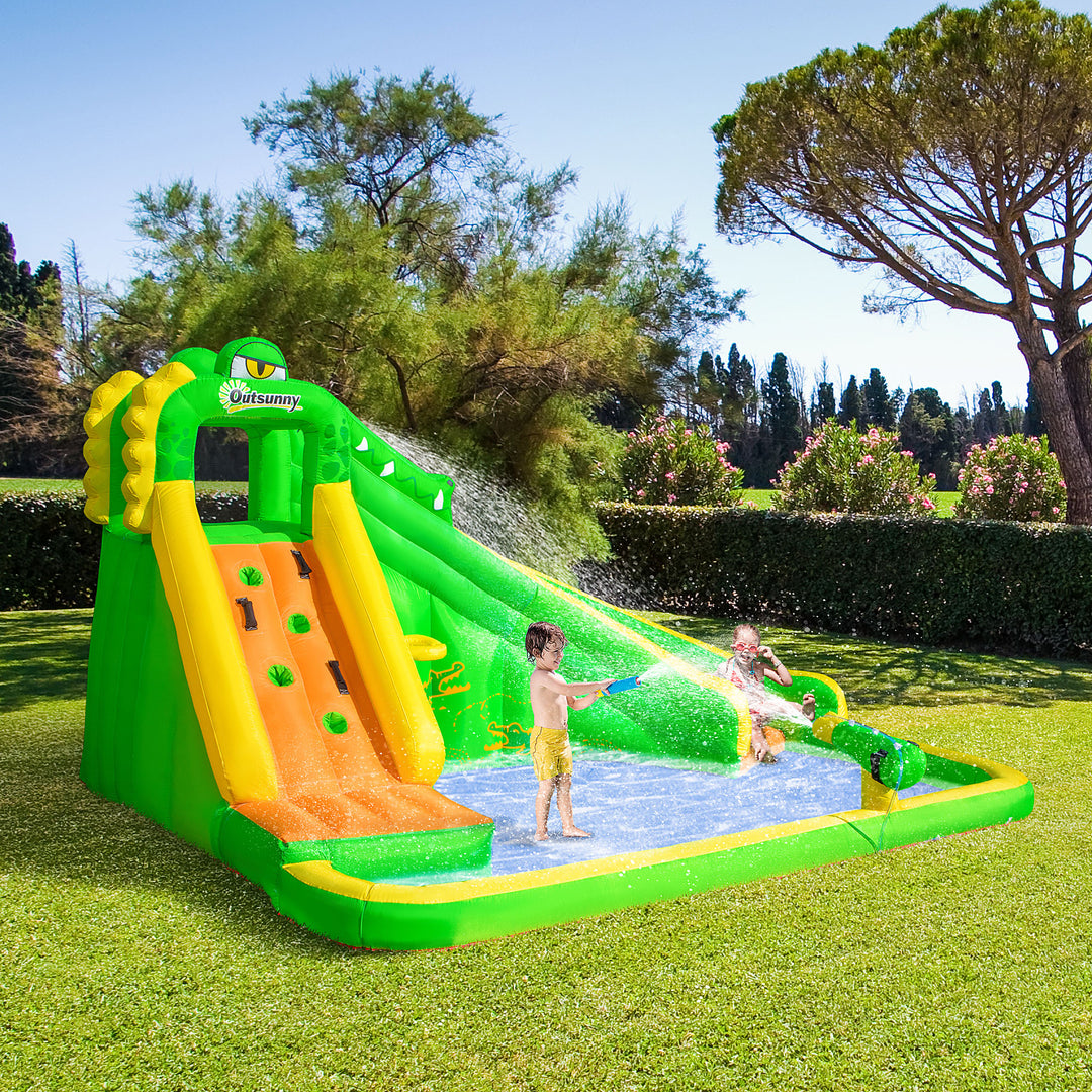 Outsunny 5 in 1 Kids Bouncy Castle Large Crocodile Style Inflatable House Slide Basket Water Pool Climbing Wall for Kids Age 3-8, 3.85 x 2.85 x 2.25m