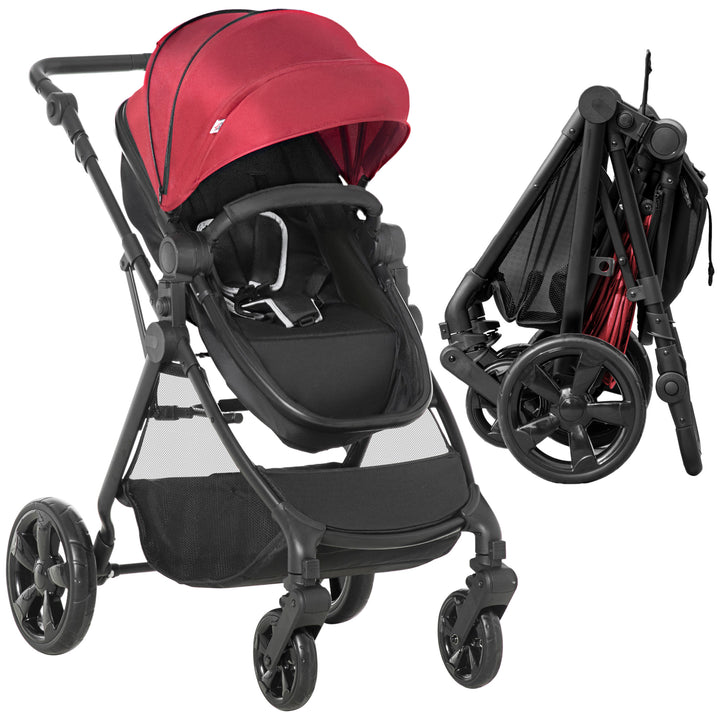 2 in 1 Lightweight Pushchair w/ Reversible Seat, Foldable Travel Baby Stroller w/ Fully Reclining From Birth to 3 Years, 5-point Harness Red