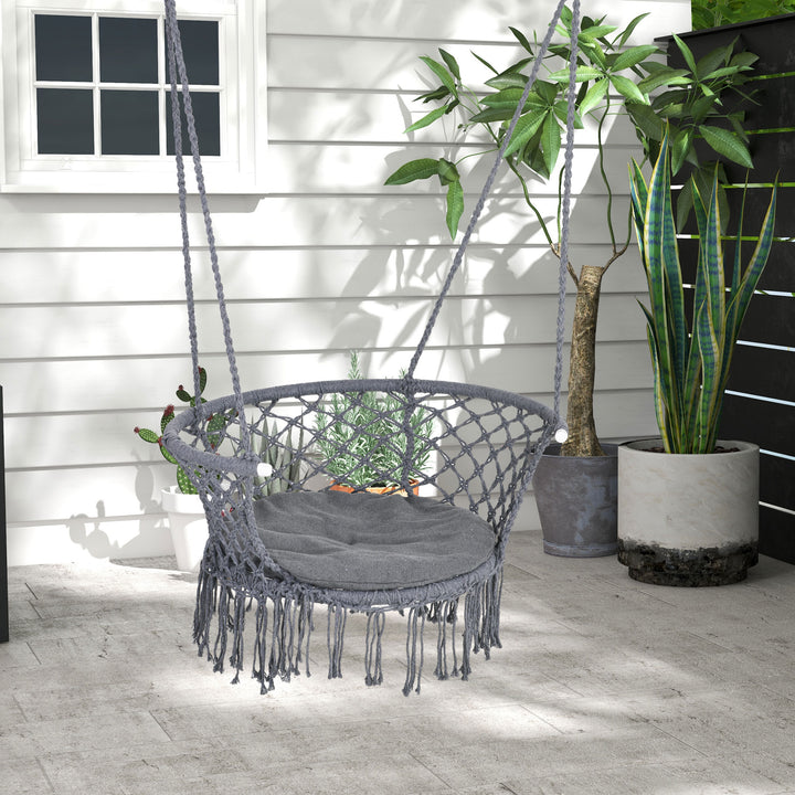 Outsunny Hanging Hammock Chair Cotton Rope Porch Swing with Metal Frame and Cushion, Large Macrame Seat for Patio, Bedroom, Living Room, Dark Grey