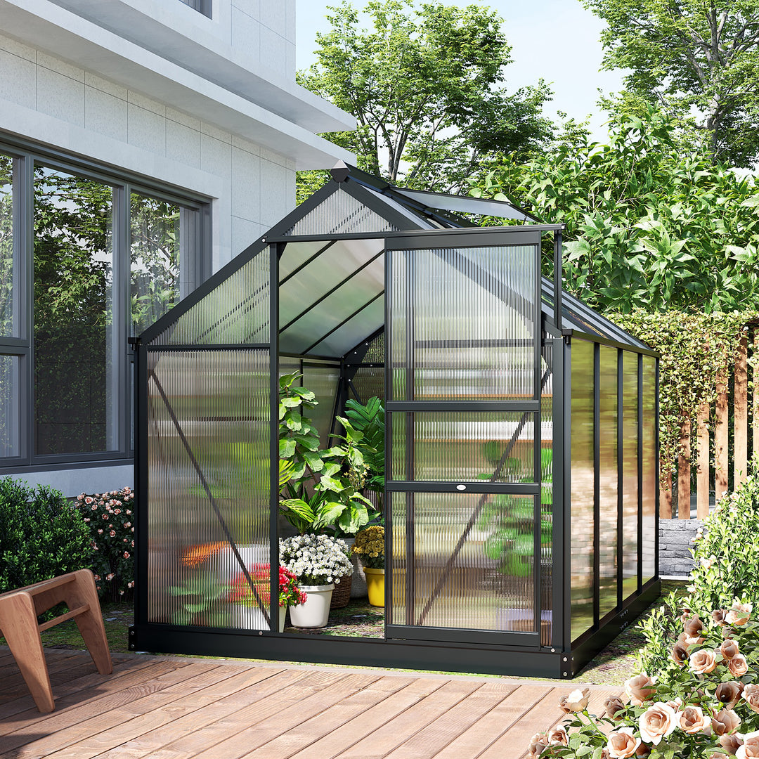 Outsunny Clear Polycarbonate Greenhouse Large Walk-In Green House Garden Plants Grow Galvanized Base Aluminium Frame with Slide Door, 6 x 8ft