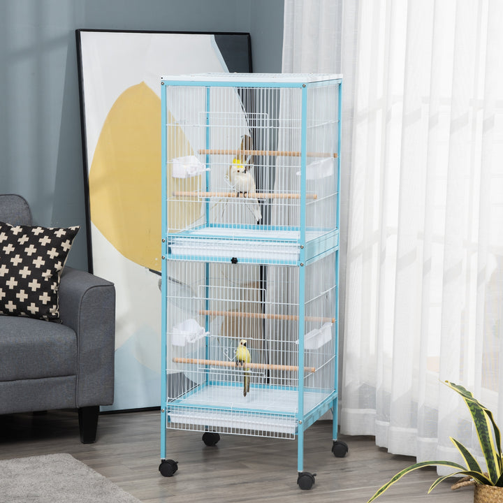 2 In 1 Large Bird Cage Aviary for Finch Canaries, Budgies with Wheels, Slide-out Trays, Wood Perch, Food Containers, Light Blue